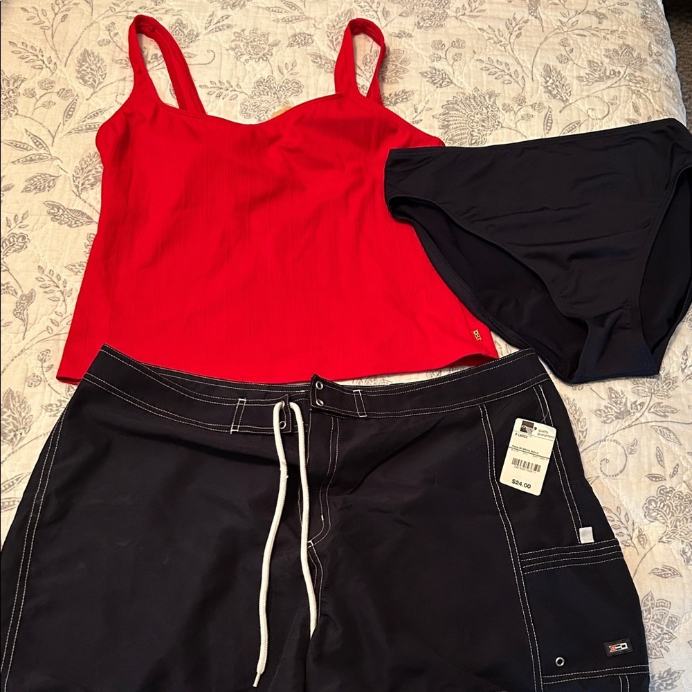 St. John's Bay Navy Swim Shorts, top and bikini bottom. Only swim shorts nwt